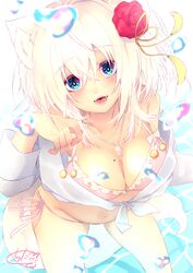  :d animal_ear_fluff animal_ears bare_shoulders bikini blue_eyes breasts chita_(ketchup) cleavage collarbone commentary fangs female flower fox_ears fox_girl fox_tail frilled_bikini frills from_above hair_between_eyes hair_flower hair_ornament halterneck hand_up highres long_sleeves looking_at_viewer looking_up medium_breasts mole mole_on_breast navel open_mouth original pink_bikini red_flower red_rose rose shirt side-tie_bikini_bottom smile solo string_bikini swimsuit tail white_hair white_shirt 