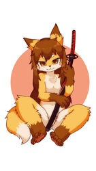  2022 4_fingers 4_toes anthro breasts brown_body brown_eyes brown_fur brown_hair brown_nose canid canine chest_tuft claws digital_media_(artwork) dipstick_ears dipstick_tail ear_markings eyebrows facial_markings featureless_breasts feet female female_anthro fingers fluffy fox fur gloves_(marking) hair head_markings hi_res holding_katana holding_melee_weapon holding_object holding_sword holding_weapon katana kemono leg_markings long_hair looking_at_viewer mammal markings melee_weapon monimoni multicolored_body multicolored_ears multicolored_fur multicolored_tail navel nude pawpads paws simple_background sitting small_breasts socks_(marking) solo sword tail tail_markings thick_eyebrows toe_claws toes tuft weapon white_background white_body white_fur white_tail_tip yellow_body yellow_fur 