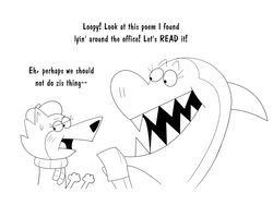  4:3 anthro canid canine clothing dialogue drememoto duo english_text female fish hanna-barbera hat headgear headwear jabberjaw jabberjaw_(character) jellystone_(hbo_max) loopy_(loopy_de_loop) loopy_de_loop mammal marine monochrome scarf shark sharp_teeth simple_background teeth text white_background 