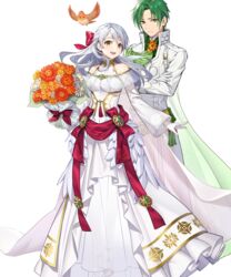  1boy alternate_costume bird bouquet bow cape crossed_arms dress feathered_wings feathers female fire_emblem fire_emblem:_radiant_dawn fire_emblem_heroes flower full_body gloves green_hair grey_hair highres leaf long_hair micaiah_(bridal)_(fire_emblem) micaiah_(fire_emblem) non-web_source official_art open_mouth sothe_(fire_emblem) sothe_(groom)_(fire_emblem) teffish transparent_background veil wings yellow_eyes yune_(fire_emblem) 