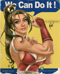  arm_guards artist_name bare_shoulders breasts brown_eyes brown_hair cedric_poulat cleavage closed_mouth commentary english_commentary english_text fatal_fury female high_ponytail japanese_clothes large_breasts lips long_hair looking_at_viewer ninja ponytail revealing_clothes rope rosie_the_riveter shiranui_mai sideboob signature smile snk solo the_king_of_fighters upper_body we_can_do_it! 