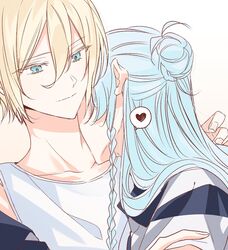  2boys blonde_hair blue_eyes blue_hair braid commentary_request eichi_turnr ensemble_stars! fingernails hair_between_eyes half_updo heart hibiki_wataru highres hug kissing kissing_neck korean_commentary light_blue_hair long_hair male_focus multiple_boys short_hair speech_bubble spoken_heart tank_top tenshouin_eichi white_background white_tank_top yaoi 