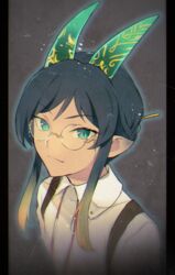  1boy aqua_eyes azarak_fafnir bad_id bad_pixiv_id black_hair glasses gradient_hair green_horns horns looking_at_viewer male_focus multicolored_hair pants pixiv_fantasia pixiv_fantasia_age_of_starlight pointy_ears rererenoren shirt sidelocks simple_background solo suspenders upper_body white_shirt 