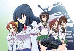  5girls arm_garter black_choker black_eyes black_hair black_neckwear black_ribbon blouse blue_shirt blue_skirt bob_cut bow brown_eyes brown_hair cavalry_tank center_frills choker closed_mouth collared_shirt commentary crossed_arms eclair_(girls_und_panzer) fondue_(girls_und_panzer) frills frown girls_und_panzer girls_und_panzer_gekitou!_maginot-sen_desu!! glasses gradient_background green_background green_skirt hair_ribbon hairbow hands_on_own_hips highres kadotani_anzu kawashima_momo koyama_yuzu long_hair long_sleeves looking_at_viewer maginot_school_uniform medium_hair military military_vehicle miniskirt monocle motor_vehicle multiple_girls neck_ribbon neckerchief ooarai_school_uniform panzerkampfwagen_38(t) parted_bangs pleated_skirt ponytail puffy_short_sleeves puffy_sleeves red_ribbon ribbon rimless_eyewear sailor_collar saitaniya_ryouichi school_uniform semi-rimless_eyewear serafuku shirt short_hair short_sleeves skirt smile standing tank twintails under-rim_eyewear v_arms white_sailor_collar white_shirt wing_collar yellow_bow 