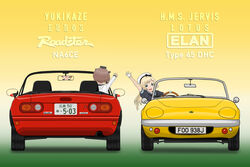  2girls absurdres blonde_hair blue_eyes blue_sailor_collar brown_hair car character_name commentary convertible dress english_commentary gloves hat headgear highres jervis_(kancolle) kantai_collection lotus_(brand) lotus_elan mazda mazda_mx-5 mazda_mx-5_na mfroadster motor_vehicle multiple_girls photoshop_(medium) right-hand_drive sailor_collar sailor_dress sailor_hat school_uniform serafuku short_hair speaking_tube_headset sports_car vehicle_focus vehicle_name white_dress white_gloves white_headwear yellow_background yukikaze_(kancolle) 