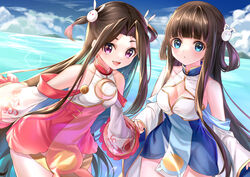  2girls absurdres beach blue_dress blue_eyes blue_oath breasts brown_hair cleavage cleavage_cutout closed_mouth clothing_cutout collarbone commentary_request crescent crescent_cutout day detached_sleeves dress duplicate hair_ornament hair_rings highres long_hair long_sleeves medium_breasts multiple_girls ning_hai_(blue_oath) ocean open_mouth outdoors pelvic_curtain ping_hai_(blue_oath) pink_dress pixel-perfect_duplicate purple_eyes rabbit_hair_ornament rukinya_(nyanko_mogumogu) short_dress sidelocks sky smile standing wading water wide_sleeves 