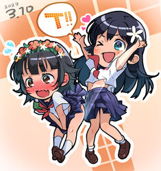  &gt;_o 2girls armband arms_up assisted_exposure black_hair blue_eyes blue_sailor_collar blue_skirt blush brown_eyes brown_footwear chibi clothes_lift commentary dated embarrassed flower green_armband hair_flower hair_ornament head_wreath heart highres implied_pantyshot lifting_another&#039;s_clothes logo long_hair midriff miniskirt multiple_girls neckerchief nose_blush oerba_yun_fang one_eye_closed open_mouth red_neckerchief sailor_collar sakugawa_school_uniform saten_ruiko school_uniform serafuku shirt short_hair short_sleeves skin_fang skirt skirt_lift skirt_tug socks summer_uniform sweatdrop toaru_kagaku_no_railgun toaru_majutsu_no_index uiharu_kazari white_shirt white_socks yonabe 