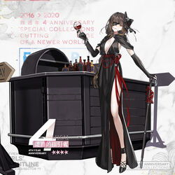  bad_link black_dress black_gloves bow bracelet braid breasts brown_eyes brown_hair cane cleavage closed_mouth cup dress drinking_glass elbow_gloves eyepatch female full_body girls&#039;_frontline gloves hairbow head_tilt highres jewelry long_hair looking_at_viewer m16a1_(blazer_of_the_trail)_(girls&#039;_frontline) m16a1_(girls&#039;_frontline) medium_breasts mole mole_under_eye multicolored_hair nishiro_ryoujin official_alternate_costume official_art partially_fingerless_gloves promotional_art scar scar_across_eye scar_on_face side_slit single_braid smile solo standing streaked_hair v-neck wine_glass 