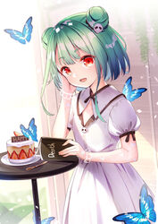  :d alternate_costume animal blue_butterfly blue_hair blush book bug butterfly cake commentary_request double_bun dress female food fruit gradient_hair green_hair hair_bun hair_ornament hand_up highres hololive looking_at_viewer multicolored_hair open_book open_mouth puffy_short_sleeves puffy_sleeves red_eyes short_hair short_sleeves skull_hair_ornament smile solo spoon strawberry table teeth upper_teeth_only uruha_rushia virtual_youtuber white_dress yan_(nicknikg) 