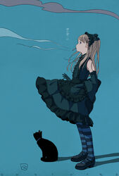  animal bare_shoulders black_cat black_dress black_footwear black_sleeves blue_background blue_eyes brown_hair cigarette commentary_request dated detached_sleeves dress earrings feline female frilled_dress frilled_sleeves frills gothic_lolita highres jewelry kokudou_juunigou lolita_fashion long_hair looking_away mary_janes mouth_hold original pantyhose pleated_dress polka_dot polka_dot_background profile shoes sleeveless sleeveless_dress smoke smoking solo standing striped_clothes striped_pantyhose stud_earrings translated wide_sleeves 