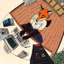  2020 anthro bird&#039;s-eye_view black_outline book bottomwear canid canine chair clothed clothing computer computer_keyboard crossed_legs cupboard digital_media_(artwork) digital_painting_(artwork) electronics fisheye_lens floor fox fully_clothed furniture hi_res high-angle_view hp ibm lizzieliz male mammal modem monitor oscilloscope outline pants plant portrait processor red_fox rolled_up_sleeves shelf shirt sitting solo three-quarter_portrait topwear true_fox typing whiskers white_clothing white_shirt white_topwear wood wood_floor 