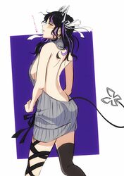  absurdres backboob backless_dress backless_outfit bare_back bare_shoulders black_hair black_ribbon black_thighhighs blush breasts commentary demon_girl demon_horns demon_tail dress feet_out_of_frame female grey_sweater hair_ribbon highres horns kojo_anna kojo_anna_(3rd_costume) leg_ribbon long_hair looking_at_viewer looking_back medium_breasts meme_attire multicolored_hair nanashi_inc. official_alternate_costume open_mouth purple_background purple_hair ribbed_sweater ribbon sideboob single_thighhigh solo sugar_lyric sweater sweater_dress tail tengu_nimuru thighhighs translated turtleneck turtleneck_sweater two-tone_background two-tone_hair two_side_up virgin_killer_sweater virtual_youtuber white_background white_ribbon yellow_eyes 