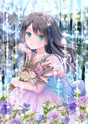  akasaka_asa aqua_eyes black_hair blue_flower bouquet colorful commentary daisy dress dried_flower female fingernails flower foliage forehead hair_between_eyes highres holding holding_bouquet long_fingernails long_hair looking_at_viewer looking_to_the_side original outdoors parted_lips pink_dress pink_nails purple_flower rainbow_gradient rose solo sparkle squatting water water_drop waterfall white_flower white_rose 