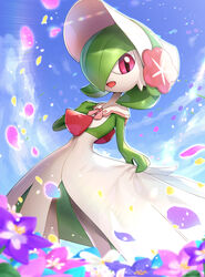  2021 absurd_res biped blue_sky blurred_foreground clothing cloud day detailed_background digital_media_(artwork) fashionable_style_gardevoir female flower gardevoir generation_3_pokemon glistening glistening_body glistening_eyes glistening_hair gonzarez1938 green_hair hair hand_on_chest hat headgear headwear hi_res holowear_(pokemon) light light_beam looking_at_viewer low-angle_view nintendo not_furry open_mouth open_smile outside petals pink_eyes plant pokemon pokemon_(species) pokemon_unite portrait pose shaded sky smile solo standing sunbeam sunlight three-quarter_portrait tongue white_body 