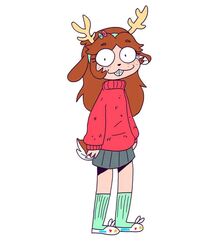  5:6 :3 accessory anthro antlers black_eyes bottomwear braces brown_body brown_hair buckteeth clothing deer female footwear freckles hair hair_accessory horn mammal renita_reed renita_reed_(character) shoes simple_background skirt slippers smile socks solo sweater tail teeth topwear white_background 