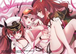  3girls azur_lane beret bikini black_headwear black_ribbon breasts bremerton_(azur_lane) cleavage elbow_gloves gloves goggles goggles_on_head hair_ribbon hat honolulu_(azur_lane) large_breasts long_hair looking_at_viewer lying matsumiya_kiseri medal military_uniform multiple_girls official_art on_back on_stomach open_mouth peaked_cap pillow pink_bikini pink_hair red_eyes red_hair red_nails ribbon short_shorts shorts swimsuit take_your_pick twintails uniform white_gloves white_headwear zara_(azur_lane) 