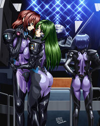  3girls absurdres ass asymmetrical_docking blue_hair bodysuit breast_press breasts commission fortified_suit green_hair grey_eyes hair_behind_ear hands_on_own_hips hangar highres kashiwagi_haruko kazama_touko large_breasts long_hair looking_up mecha medium_breasts multiple_girls munakata_misae muv-luv muv-luv_alternative open_mouth pilot_suit popgun_(22882502) red_hair robot science_fiction second-party_source short_hair skeb_commission skin_tight sparkle tactical_surface_fighter type_94_shiranui yuri 