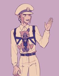  1boy babywearing belt cowboy_shot dress_shirt emmet_(pokemon) hat hearing_aid highres hisuian_sneasel long_sideburns long_sleeves male_focus open_mouth pants peaked_cap pink_background pokemon pokemon_(creature) pokemon_bw shirt sideburns submashell white_headwear white_pants white_shirt 