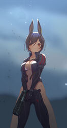  android animal_ear_fluff animal_ears apex_legends b3_wingman breasts brown_eyes brown_hair cleavage collarbone cropped_jacket female grey_jacket gun handgun highres holding holding_gun holding_weapon hololive jacket kemonomimi_mode looking_ahead navel nosir_onadat open_clothes open_jacket rabbit_ears roboco-san science_fiction solo standing underboob virtual_youtuber weapon 