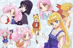  4girls aino_minako akakokko bishoujo_senshi_sailor_moon bishoujo_senshi_sailor_moon_s black_hair blonde_hair blue_eyes blush bow brown_footwear chibi_usa closed_eyes commentary_request cone_hair_bun double_bun earrings full_body hair_bun hat highres jacket jewelry long_hair long_sleeves magical_girl momohara_momoko multiple_girls multiple_views official_alternate_costume open_mouth overalls pink_hair purple_eyes red_bow red_eyes red_jacket sailor_collar sailor_venus short_hair short_sleeves smile tomoe_hotaru twintails upper_body very_long_hair white_headwear 