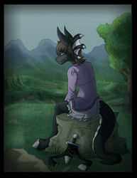  ambiguous_gender anthro belt black_body black_border blue_eyes border bottomwear brown_hair claws clothing cloudy_(disambiguation) depression detailed_background dragon frill_(anatomy) hair long_tail markings melee_bishop mountain_range mythological_creature mythological_scalie mythology on_rock plant purple_clothing rock sad scalie scenic_view sitting sitting_on_rock skirt solo spots spotted_markings stupidshepherd sword_sheath tail tail_under_skirt toe_claws tree valley 