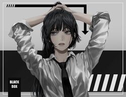  artist_name black_hair black_necktie blackbox_(blackbox9158) collared_shirt commentary expressionless female grey_eyes lee_jihye long_hair long_sleeves looking_away necktie omniscient_reader&#039;s_viewpoint parted_lips ponytail shirt simple_background sleeves_rolled_up solo symbol-only_commentary upper_body wing_collar 