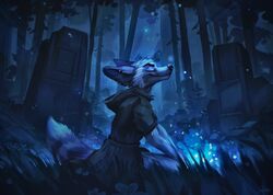  2021 anthro biped black_nose blue_theme branch canid canine cheek_tuft closed_eyes clothing dark_theme detailed_background digital_media_(artwork) ear_piercing ears_back eyebrows facial_tuft fauxerious flower forest fox hands_on_knees hands_on_legs head_tuft hi_res hoodie jacato kneeling leaf light magic magic_user male mammal markings night on_ground orb outside piercing pivoted_ears plant red_fox ring_(marking) ringed_tail ruins shirt short_sleeves side_view signature silver_fox smile solo striped_markings striped_tail stripes tail tail_markings topwear tree true_fox tuft tunic whisker_spots whiskers 