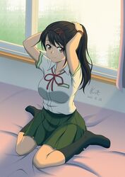  bad_id bad_pixiv_id black_hair black_socks breasts brown_eyes brown_hair closed_mouth commentary dated female full_body green_skirt hair_ornament highres iwato_suzume kir1412 long_hair looking_at_viewer loose_neck_ribbon medium_breasts neck_ribbon no_shoes on_bed pleated_skirt ponytail red_ribbon red_wristband ribbon school_uniform shirt sitting skirt socks solo suzume_no_tojimari swept_bangs tying_hair wariza white_shirt yellow_wristband 