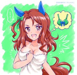  ... ^^^ animal_ears artist_name bow bra breasts brown_hair cleavage commentary_request dated ear_covers female green_background green_bra hairbow horse_ears horse_girl horse_tail king_halo_(umamusume) kuromori_yako large_breasts long_hair looking_at_viewer naked_towel notice_lines open_mouth red_eyes smile solo spoken_ellipsis standing sweatdrop swept_bangs tail tan tanlines thought_bubble towel umamusume underwear upper_body 