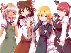  4girls asatsuki_(cookie) ascot black_coat black_gloves black_skirt black_vest blonde_hair blush bow braid breasts brown_eyes brown_hair buttons closed_eyes closed_mouth coat collared_shirt commentary_request cookie_(touhou) cowboy_shot detached_sleeves facepaint fake_wings feather_hair_ornament feathers frilled_bow frilled_sleeves frills gloves green_skirt green_vest grin hair_between_eyes hair_ornament hairband hairbow hakurei_reimu head_wings holding holding_microphone holding_microphone_stand kanna_(cookie) kirisame_marisa koakuma kochiko_(cookie) konpaku_youmu large_breasts long_hair long_sleeves looking_at_viewer microphone microphone_stand multiple_girls music necktie one_eye_closed open_mouth puffy_short_sleeves puffy_sleeves purple_bow red_bow red_eyes red_hair red_necktie red_shirt red_skirt rei_(cookie) ribbon-trimmed_sleeves ribbon_trim shirt short_sleeves side_braid simple_background singing single_braid skirt skirt_set sleeveless sleeveless_shirt smile third-party_source touhou tsukemen_(nicoseiga70382510) vest white_background white_shirt white_sleeves wings yellow_ascot yellow_eyes yellow_hairband 