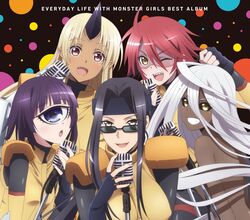  5girls ahoge album_cover black_hair black_sclera blonde_hair blue_eyes breasts colored_sclera copyright_name cover cyclops dark-skinned_female dark_skin doppel_(monster_musume) doppelganger eyebrows eyes_visible_through_hair fingerless_gloves gloves grin headband highres horns large_breasts long_hair looking_over_eyewear manako monster_girl monster_musume_no_iru_nichijou ms._smith multiple_girls music nude oerba_yun_fang official_art ogre one-eyed one_eye_closed open_mouth pointy_ears purple_hair red_eyes red_hair sharp_teeth singing single_horn small_breasts smile stitches sunglasses teeth tionishia uniform very_long_hair white_hair yellow_eyes zombie zombina_(monster_musume) 