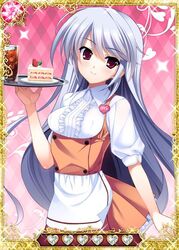  cake card_(medium) female food grey_hair grisaia_(series) grisaia_no_kajitsu kazami_kazuki long_hair looking_at_viewer maid red_eyes smile solo 