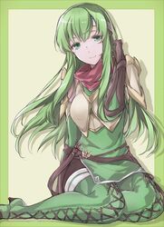  aiueo1234853 armor bad_id bad_twitter_id belt breastplate closed_mouth commentary_request female fire_emblem fire_emblem:_mystery_of_the_emblem gloves green_eyes green_hair headband highres long_hair palla_(fire_emblem) sitting smile solo white_headband 