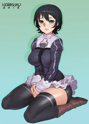  artist_name bike_shorts black_hair boots breasts dated female frilled_skirt frills gradient_background green_eyes hair_between_eyes highres kneeling large_breasts looking_at_viewer norasuko only_human parted_lips short_hair skirt solo the_seven_deadly_sins thighhighs totsuka_maria 