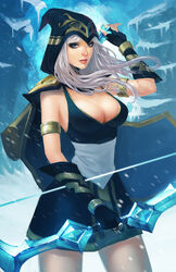  armlet arrow ashe_(league_of_legends) bow_(weapon) breasts cleavage elbow_gloves female fingerless_gloves gloves highres league_of_legends long_hair looking_at_viewer louten parted_lips snow strap_gap weapon white_hair 