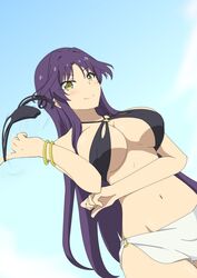  bare_shoulders bikini black_bikini bottomless breasts cleavage collarbone criss-cross_halter female goshouin_kyou halter_top halterneck holding_panties large_breasts long_hair navel netoge_no_yome_wa_onna_no_ko_janai_to_omotta? o-ring_bikini purple_hair sarong smile solo standing swimsuit swinging underboob very_long_hair yellow_eyes 