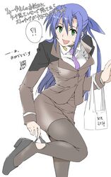  !? bag blue_hair blush commentary_request elf_(stroll_in_the_woods) female ginga_nakajima green_eyes hair_between_eyes highres long_hair lyrical_nanoha mahou_shoujo_lyrical_nanoha_strikers necktie open_mouth pantyhose plastic_bag purple_necktie solo spoken_interrobang standing standing_on_one_leg sweatdrop torn_clothes torn_pantyhose translation_request tsab_ground_military_uniform uniform white_background 