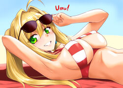  :d adjusting_eyewear ahoge arm_behind_head armpits bare_arms bare_shoulders beach_towel bikini blonde_hair blue_sky breasts cleavage collarbone commentary_request covered_nipples criss-cross_halter day earrings eyelashes eyewear_on_head fate/extra fate/grand_order fate_(series) female fingernails from_side green_eyes grin hair_between_eyes hair_intakes halterneck hand_on_eyewear hands_up jewelry large_breasts long_fingernails long_hair looking_at_viewer lying marugoshi_(54burger) medium_breasts navel nero_claudius_(fate) nero_claudius_(swimsuit_caster)_(fate) on_back open_mouth outdoors photoshop_(medium) shiny_skin sidelocks sky smile solo stomach striped_bikini striped_clothes sunglasses swimsuit teeth towel twintails umu_(phrase) underboob 