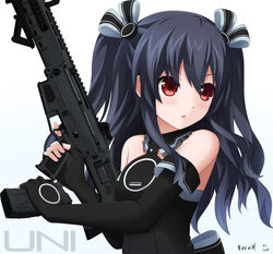  adaptive_combat_rifle angled_foregrip assault_rifle bare_shoulders black_gloves black_hair black_ribbon character_name commentary_request detached_sleeves female fingerless_gloves gloves gun hair_ribbon holding holding_gun holding_weapon keenh long_hair looking_to_the_side magazine_(weapon) magpul neptune_(series) photoshop_(medium) puff_of_air red_eyes red_hair ribbon rifle signature simple_background solo trigger_discipline two_side_up uni_(neptunia) weapon white_background 