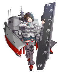  anti-aircraft_gun black_skirt brown_eyes brown_hair cellphone commentary_request female grey_legwear hamushima japan_maritime_self-defense_force japan_self-defense_force js_izumo_(ddh-183)_(personification) mecha_musume military original personification phalanx_ciws phone photoshop_(medium) purple_scrunchie radar rigging scrunchie short_hair skirt smartphone smile solo standing uniform 