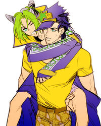  1boy black_hair carrying commentary_request cone_hair_bun double_bun father_and_daughter female ginmu green_eyes green_hair hair_bun hat jojo_no_kimyou_na_bouken kujo_jolyne multicolored_hair photoshop_(medium) piggyback stone_ocean two-tone_hair 