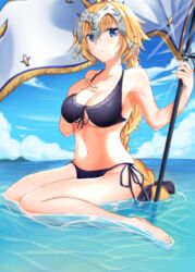  absurdres banner bikini blonde_hair blue_eyes braid breasts cleavage cloud cloudy_sky commentary_request day fate/apocrypha fate/grand_order fate_(series) female flag full_body headpiece highres jeanne_d&#039;arc_(fate) jeanne_d&#039;arc_(white_cruising)_(fate) long_braid long_hair side-tie_bikini_bottom single_braid sitting sky solo swimsuit takenoko_27074918 very_long_hair water 