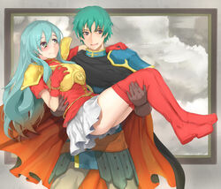  1boy aqua_hair armor bad_id bad_pixiv_id blue_eyes boots brother_and_sister cape carrying clothes_lift commentary_request couple eirika_(fire_emblem) ephraim_(fire_emblem) female fire_emblem fire_emblem:_the_sacred_stones gloves green_eyes incest pauldrons princess_carry shiina_maru shoulder_armor siblings skirt skirt_lift straight thigh_boots thighhighs twincest twins 