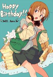  :o bread bread_slice brown_hair commentary dated feet_out_of_frame female flower food green_eyes happy_birthday headphones headphones_around_neck idolmaster idolmaster_cinderella_girls jacket letterman_jacket lily_(flower) off_shoulder open_clothes open_jacket open_mouth shirt short_hair skirt solo symbol-only_commentary syouyumochi33 t-shirt tada_riina toast 