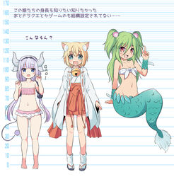  3girls :3 :d :o absurdres animal_ears bandeau barefoot beads bell blonde_hair blue_eyes blunt_bangs cat_ears character_request claw_pose collar commentary_request crossover gao green_hair hair_beads hair_between_eyes hair_ornament hairband has_bad_revision has_downscaled_revision height_chart highres horns japanese_clothes jingle_bell kanna_kamui kobayashi-san_chi_no_maidragon light_purple_hair long_hair low_twintails md5_mismatch mermaid monster_girl multiple_crossover multiple_girls muromi-san namiuchigiwa_no_muromi-san navel neck_bell nekogamijarashi! nekono_rin oerba_yun_fang open_mouth red_eyes resolution_mismatch scales shell_hair_ornament short_hair smile source_smaller stomach tail translation_request twintails two_side_up v very_long_hair wide_sleeves 