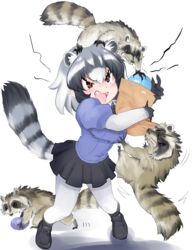  absurdres angry animal animal_ears bag biting black_bow black_bowtie black_footwear black_hair black_skirt blouse blue_shirt blush bow bowtie breasts brown_eyes commentary_request common_raccoon_(kemono_friends) creature_and_personification dangling elbow_gloves extra_ears eyelashes fangs female fingernails food food_theft full_body fur_collar furrowed_brow gloves grabbing grabbing_another&#039;s_breast grey_hair hair_between_eyes highres holding holding_bag holding_food japari_bun japari_symbol kemono_friends leaning_forward loafers medium_breasts miniskirt motion_lines multicolored_clothes multicolored_gloves multicolored_hair open_mouth pantyhose paper_bag pigeon-toed pleated_skirt puffy_short_sleeves puffy_sleeves raccoon raccoon_ears raccoon_tail running ryou_(cagw5223) shadow sharp_fingernails sharp_teeth shirt shoes short_sleeves shouting skirt solo standing sweat tail teeth theft v-shaped_eyebrows white_background white_gloves white_hair white_pantyhose 