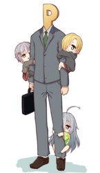  1boy 3girls ahoge arm_hug blonde_hair briefcase brown_eyes business_suit chibi clinging commentary_request earrings formal grey_hair hair_ornament hair_over_one_eye hairclip hood hooded_jacket hoshi_syoko hugging_another&#039;s_leg hugging_own_legs idolmaster idolmaster_cinderella_girls jacket jewelry kawaii_boku_to_142&#039;s_(idolmaster) koshimizu_sachiko multiple_girls open_mouth p-head_producer producer_(idolmaster) shirasaka_koume shirokuma_(nankyoku) sleeves_past_wrists suit 