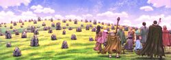  4girls 6+boys absurdres aqua_hair armor azan_(berserk) berserk black_hair blonde_hair cape casca_(berserk) cloud cloudy_sky colorized dragonslayer_(sword) farnese_(berserk) full_armor guts_(berserk) hat highres isidro_(berserk) isma landscape miura_kentarou multiple_boys multiple_girls outdoors puck_(berserk) rock scenery schierke_(berserk) serpico_(berserk) sky staff sword too_many weapon witch_hat 