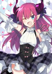  ;d argyle_background artist_name blue_eyes commentary_request corset detached_sleeves elizabeth_bathory_(fate) elizabeth_bathory_(fate/extra_ccc) elizabeth_bathory_(second_ascension)_(fate) fate/extra fate/extra_ccc fate_(series) female frilled_shirt_collar frills hair_between_eyes highres holding holding_microphone horns long_hair looking_at_viewer microphone nikame oerba_yun_fang one_eye_closed open_mouth plaid plaid_skirt pointy_ears purple_hair signature skirt smile solo sparkle tsurime unmoving_pattern 