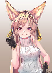  :&gt; absurdres animal_ears bare_arms bare_shoulders blonde_hair braid breasts closed_mouth commentary_request crown_braid erune eyelashes eyes_visible_through_hair female granblue_fantasy grey_background hand_on_own_hip hand_up highres large_breasts long_hair looking_at_viewer parted_bangs red_eyes ribbed_sweater silver_(suwakosuwako) simple_background sleeveless slit_pupils smile solo sweater turtleneck turtleneck_sweater upper_body v-shaped_eyebrows white_sweater yuisis_(granblue_fantasy) 